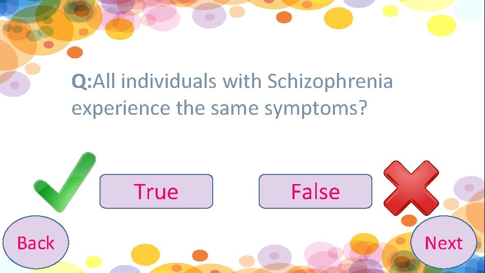 Q: All individuals with Schizophrenia experience the same symptoms? True Back False Next 