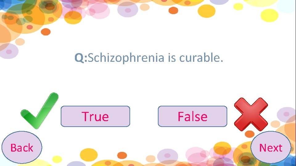 Q: Schizophrenia is curable. True Back False Next 