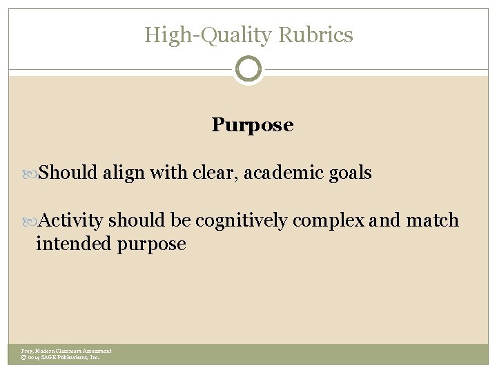 High-Quality Rubrics Purpose Should align with clear, academic goals Activity should be cognitively complex