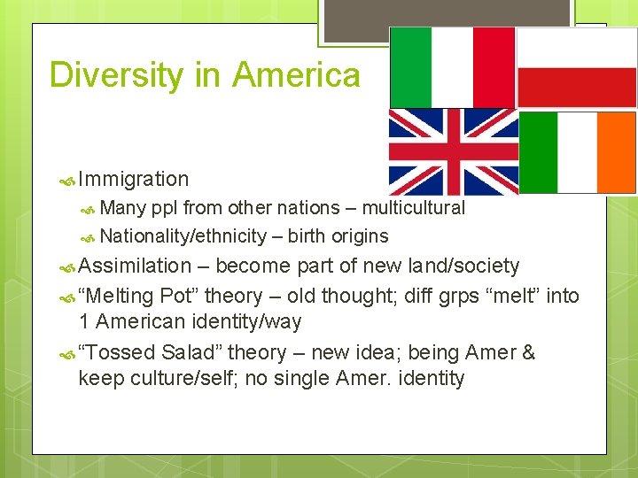 Diversity in America Immigration Many ppl from other nations – multicultural Nationality/ethnicity – birth
