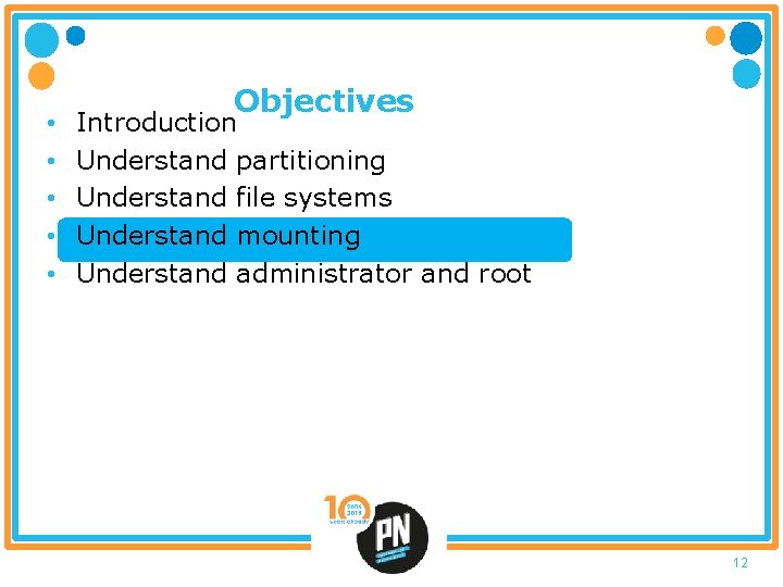  • • • Objectives Introduction Understand partitioning Understand file systems Understand mounting Understand