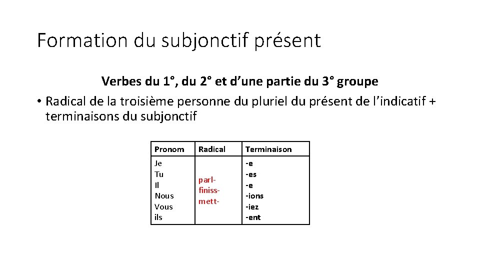Formation du subjonctif présent Verbes du 1°, du 2° et d’une partie du 3°