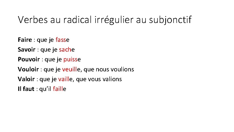 Verbes au radical irrégulier au subjonctif Faire : que je fasse Savoir : que