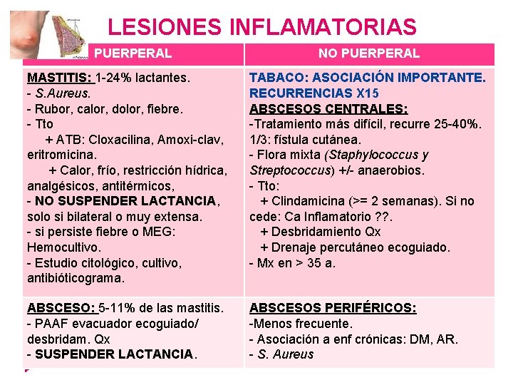LESIONES INFLAMATORIAS PUERPERAL NO PUERPERAL MASTITIS: 1 -24% lactantes. - S. Aureus. - Rubor,
