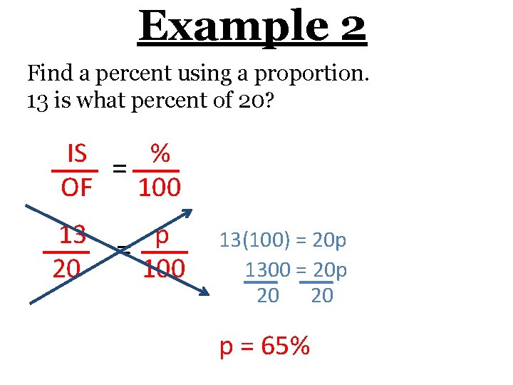 Example 2 Find a percent using a proportion. 13 is what percent of 20?