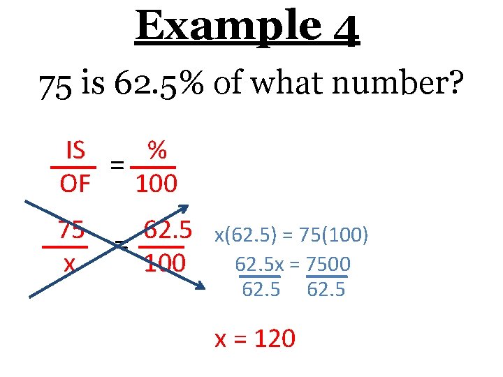Example 4 75 is 62. 5% of what number? IS % = OF 100