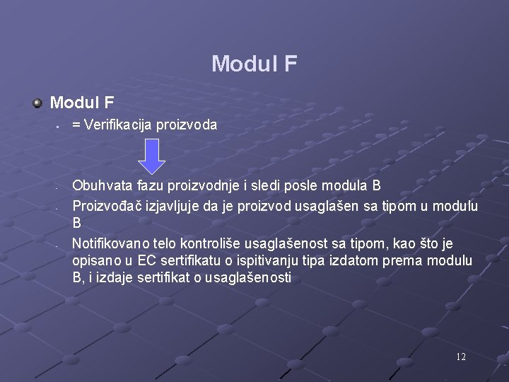 Modul F § - - = Verifikacija proizvoda Obuhvata fazu proizvodnje i sledi posle