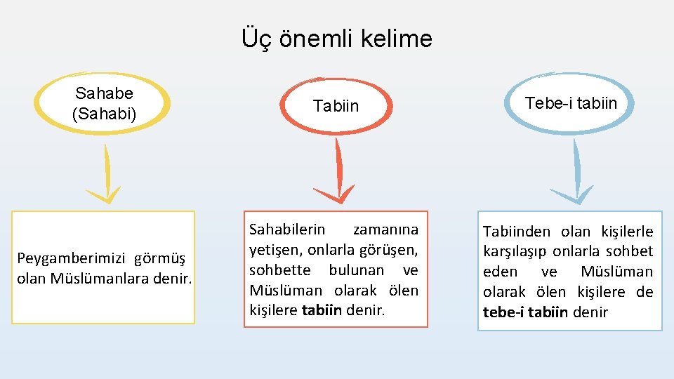 Üç önemli kelime Sahabe (Sahabi) Tabiin Tebe-i tabiin Peygamberimizi görmüş olan Müslümanlara denir. Sahabilerin