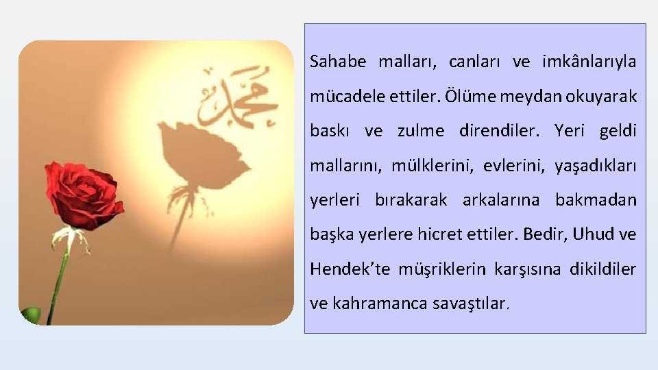 Sahabe malları, canları ve imkânlarıyla mücadele ettiler. Ölüme meydan okuyarak baskı ve zulme direndiler.