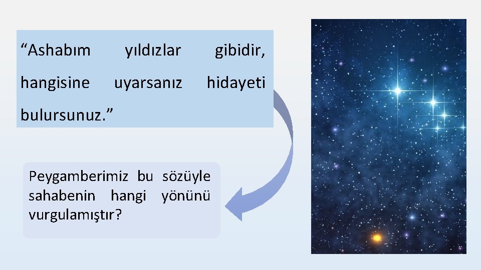 “Ashabım yıldızlar gibidir, hangisine uyarsanız hidayeti bulursunuz. ” Peygamberimiz bu sözüyle sahabenin hangi yönünü