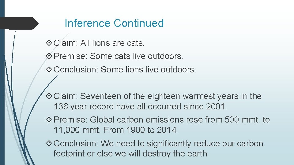 Inference Continued Claim: All lions are cats. Premise: Some cats live outdoors. Conclusion: Some
