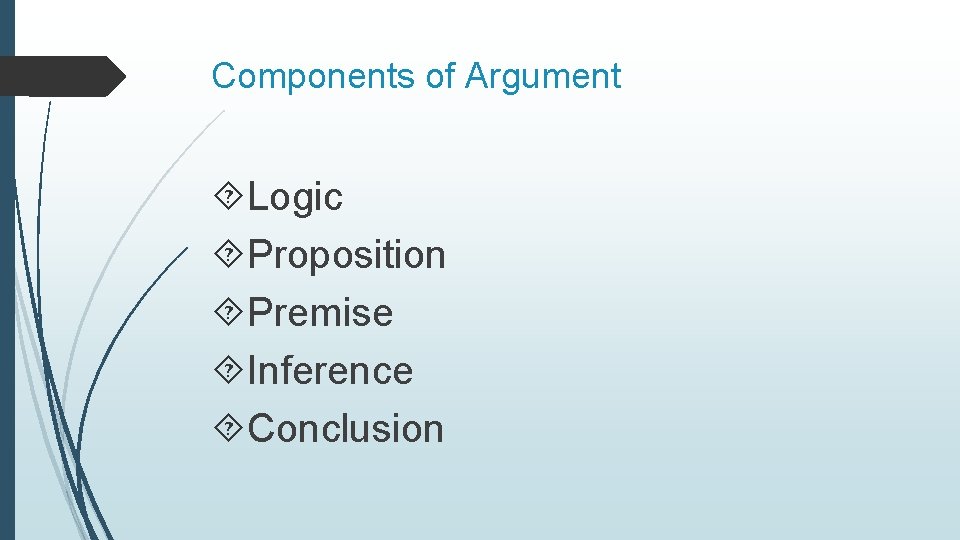 Components of Argument Logic Proposition Premise Inference Conclusion 