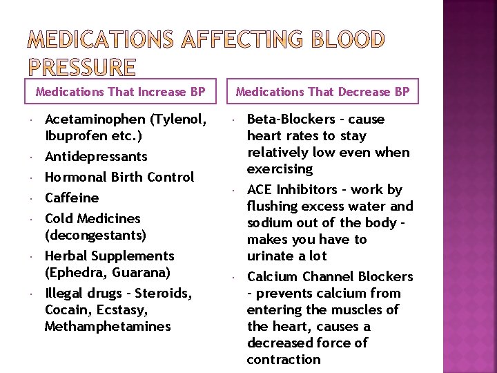 Medications That Increase BP Acetaminophen (Tylenol, Ibuprofen etc. ) Antidepressants Hormonal Birth Control Caffeine