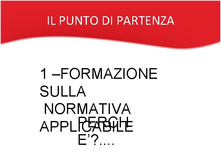 IL PUNTO DI PARTENZA 1 –FORMAZIONE SULLA NORMATIVA PERCH APPLICABILE E’? . . 