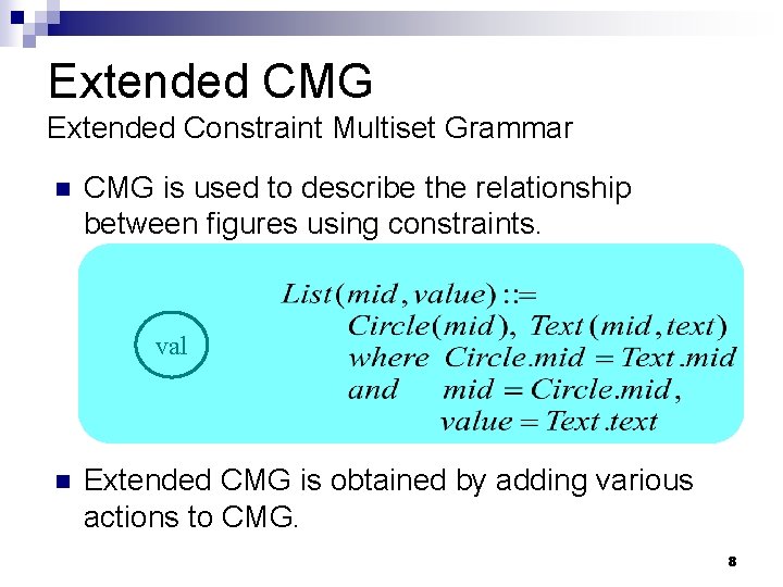 Extended CMG Extended Constraint Multiset Grammar n CMG is used to describe the relationship