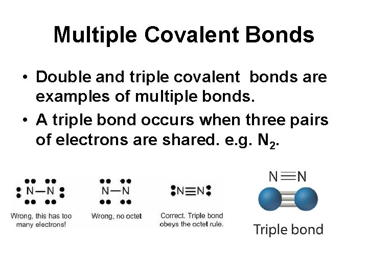 Multiple Covalent Bonds • Double and triple covalent bonds are examples of multiple bonds. Multiple Covalent Bonds • Double and triple covalent bonds are examples of multiple bonds.