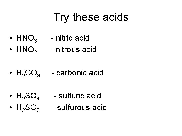 Try these acids • HNO 3 • HNO 2 - nitric acid - nitrous Try these acids • HNO 3 • HNO 2 - nitric acid - nitrous