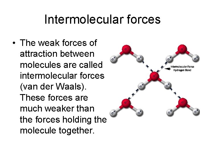 Intermolecular forces • The weak forces of attraction between molecules are called intermolecular forces Intermolecular forces • The weak forces of attraction between molecules are called intermolecular forces