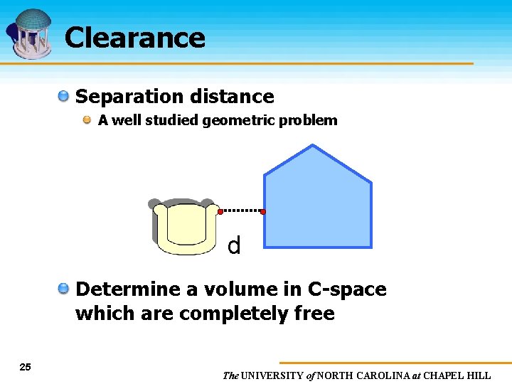 Clearance Separation distance A well studied geometric problem d Determine a volume in C-space