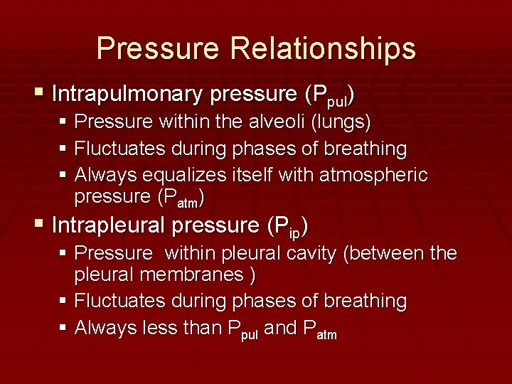 Pressure Relationships Intrapulmonary pressure (Ppul) Pressure within the alveoli (lungs) Fluctuates during phases of