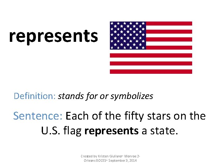 represents Definition: stands for or symbolizes Sentence: Each of the fifty stars on the