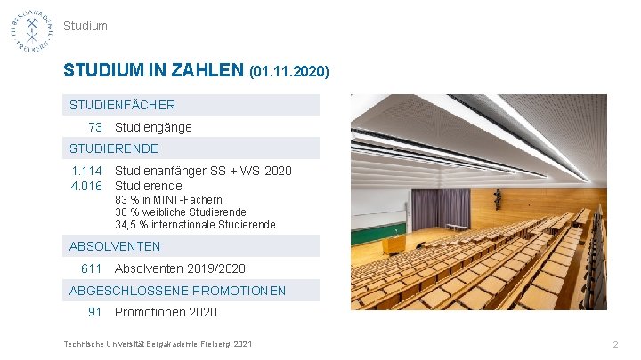 Studium STUDIUM IN ZAHLEN (01. 11. 2020) STUDIENFÄCHER 73 Studiengänge STUDIERENDE 1. 114 4.