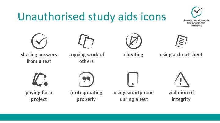 Unauthorised study aids icons sharing answers from a test copying work of others cheating