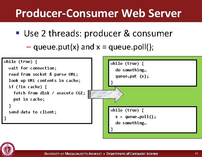 Producer-Consumer Web Server § Use 2 threads: producer & consumer – queue. put(x) and