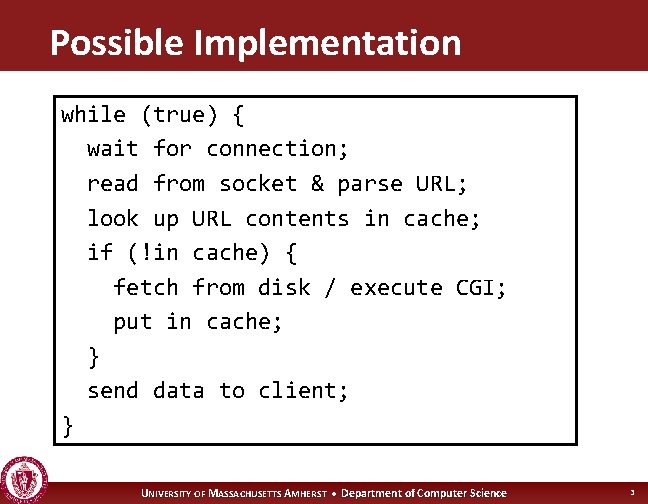 Possible Implementation while (true) { wait for connection; read from socket & parse URL;