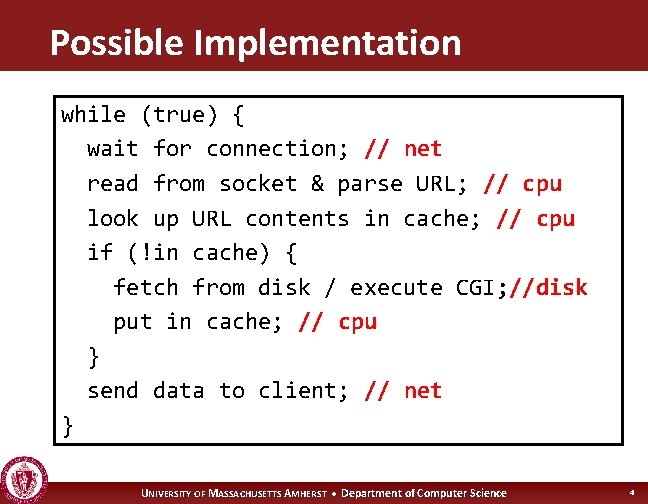 Possible Implementation while (true) { wait for connection; // net read from socket &