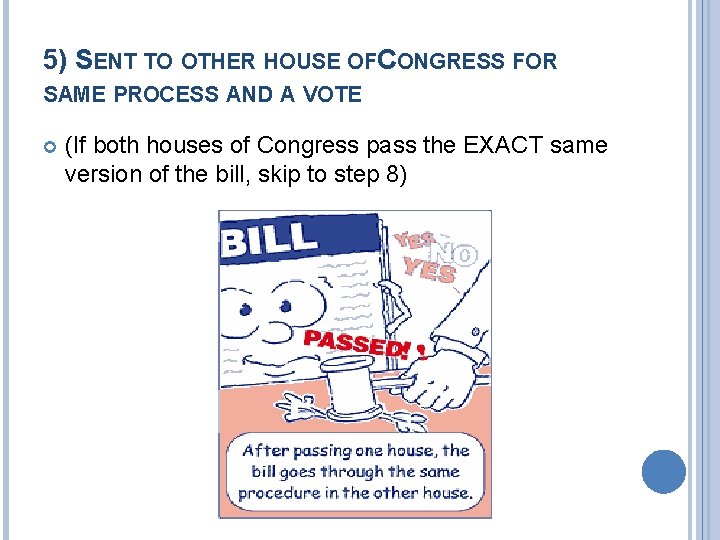 5) SENT TO OTHER HOUSE OFCONGRESS FOR SAME PROCESS AND A VOTE (If both