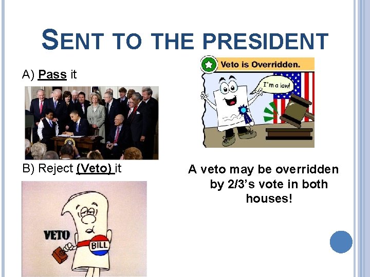 SENT TO THE PRESIDENT A) Pass it B) Reject (Veto) it A veto may