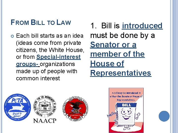 FROM BILL TO LAW Each bill starts as an idea (ideas come from private