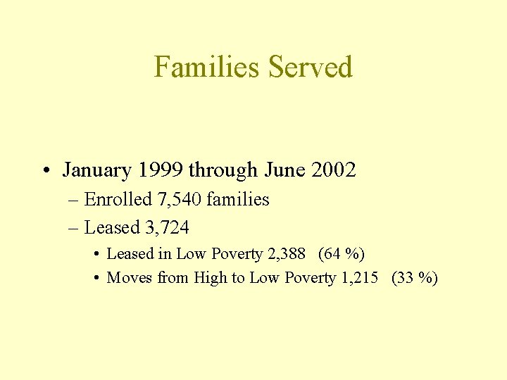 Families Served • January 1999 through June 2002 – Enrolled 7, 540 families –