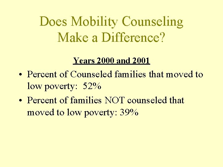 Does Mobility Counseling Make a Difference? Years 2000 and 2001 • Percent of Counseled