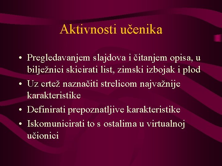 Aktivnosti učenika • Pregledavanjem slajdova i čitanjem opisa, u bilježnici skicirati list, zimski izbojak