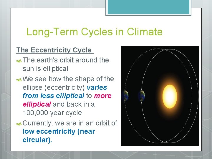 Long-Term Cycles in Climate The Eccentricity Cycle The earth's orbit around the sun is