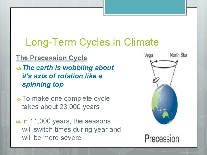 Long-Term Cycles in Climate The Precession Cycle The earth is wobbling about it's axis