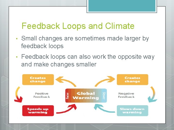 Feedback Loops and Climate • Small changes are sometimes made larger by feedback loops