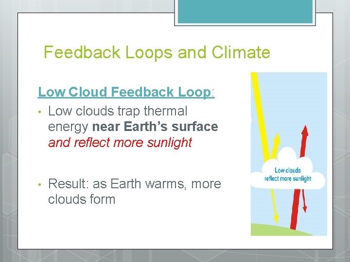 Feedback Loops and Climate Low Cloud Feedback Loop: • Low clouds trap thermal energy