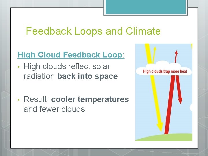 Feedback Loops and Climate High Cloud Feedback Loop: • High clouds reflect solar radiation