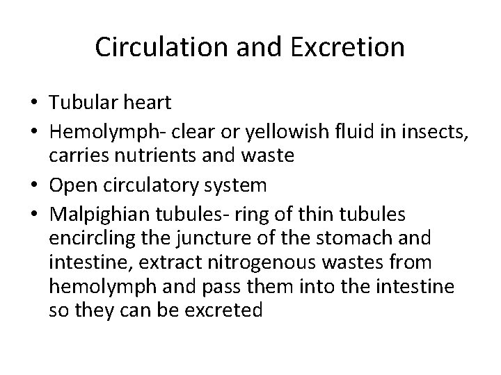 Circulation and Excretion • Tubular heart • Hemolymph- clear or yellowish fluid in insects,