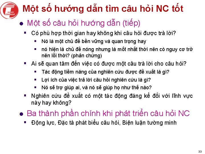 Một số hướng dẫn tìm câu hỏi NC tốt l Một số câu hỏi