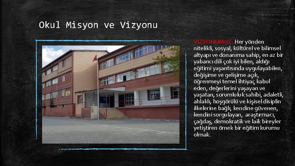 Okul Misyon ve Vizyonu VİZYONUMUZ: Her yönden nitelikli, sosyal, kültürel ve bilimsel altyapı ve