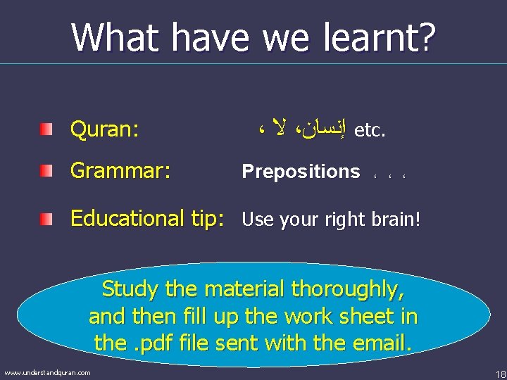 What have we learnt? Quran: Grammar: ، ﻻ ، ﺇﻧﺴﺎﻥ etc. Prepositions ، ،