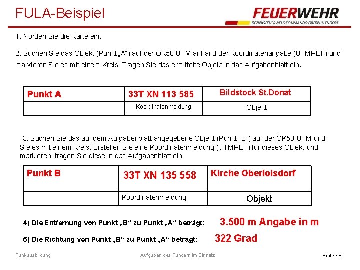 FULA-Beispiel 1. Norden Sie die Karte ein. 2. Suchen Sie das Objekt (Punkt „A“)