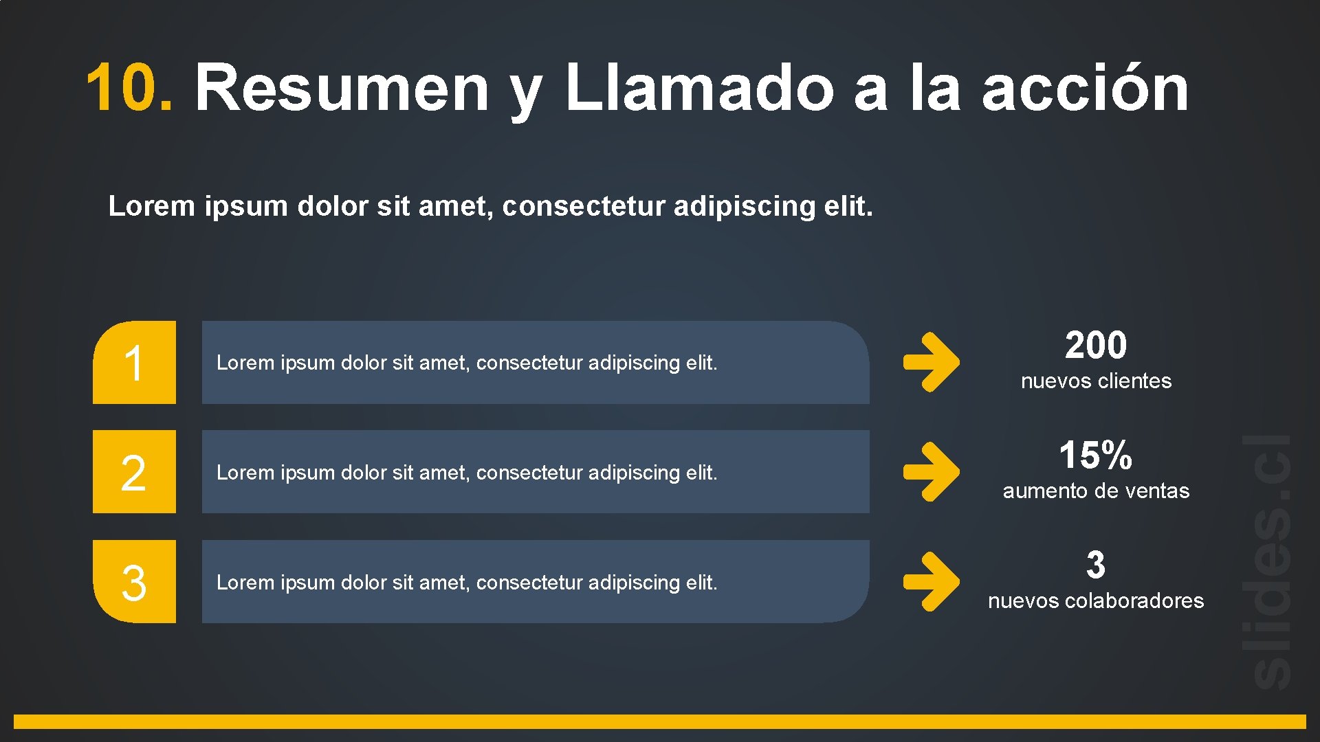 10. Resumen y Llamado a la acción Lorem ipsum dolor sit amet, consectetur adipiscing