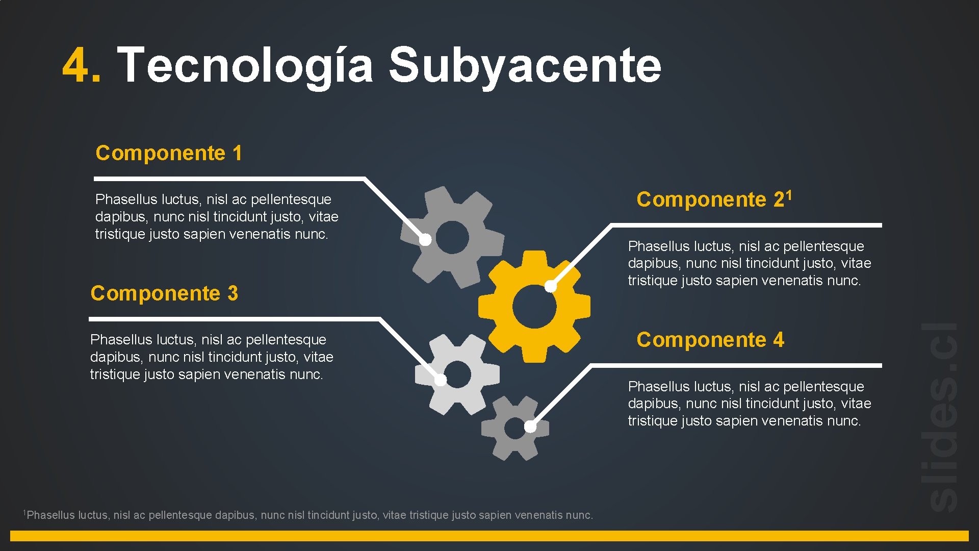 4. Tecnología Subyacente Componente 1 Componente 3 Phasellus luctus, nisl ac pellentesque dapibus, nunc