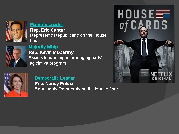 Majority Leader Rep. Eric Cantor Represents Republicans on the House floor. Majority Whip Rep.