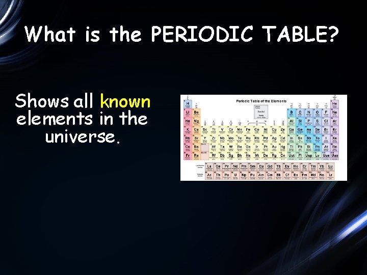 What is the PERIODIC TABLE? Shows all known elements in the universe. 